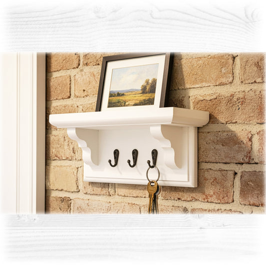 Floating Key Rack with Shelf – White Chalk Painted Wall Organizer | Made to Order