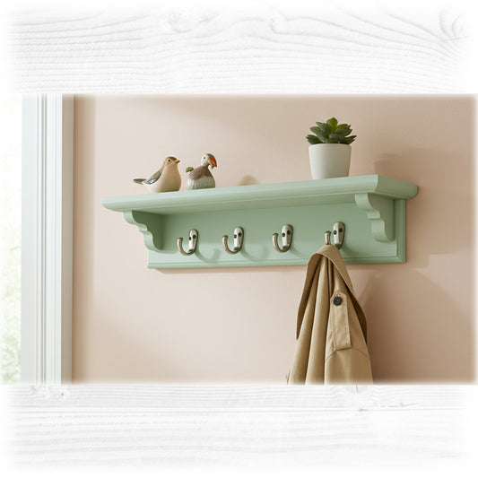 Sage Green Wooden Coat Rack with Shelf – Choice of Hooks | Made to Order
