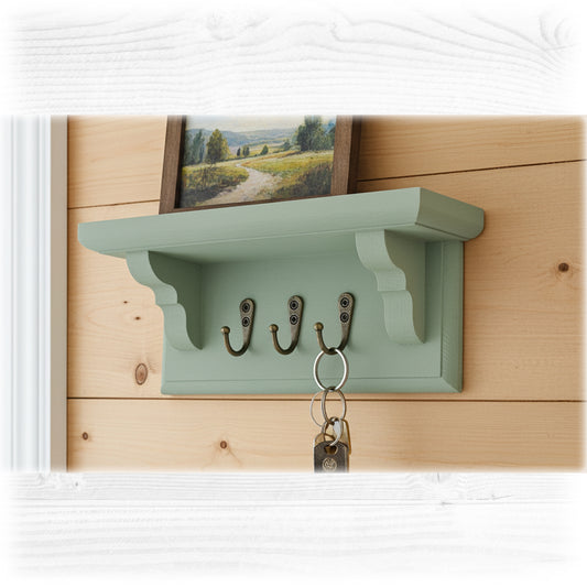 Handmade Sage Green Wooden Key Holder with Shelf – Hidden Fixings | Made to Order