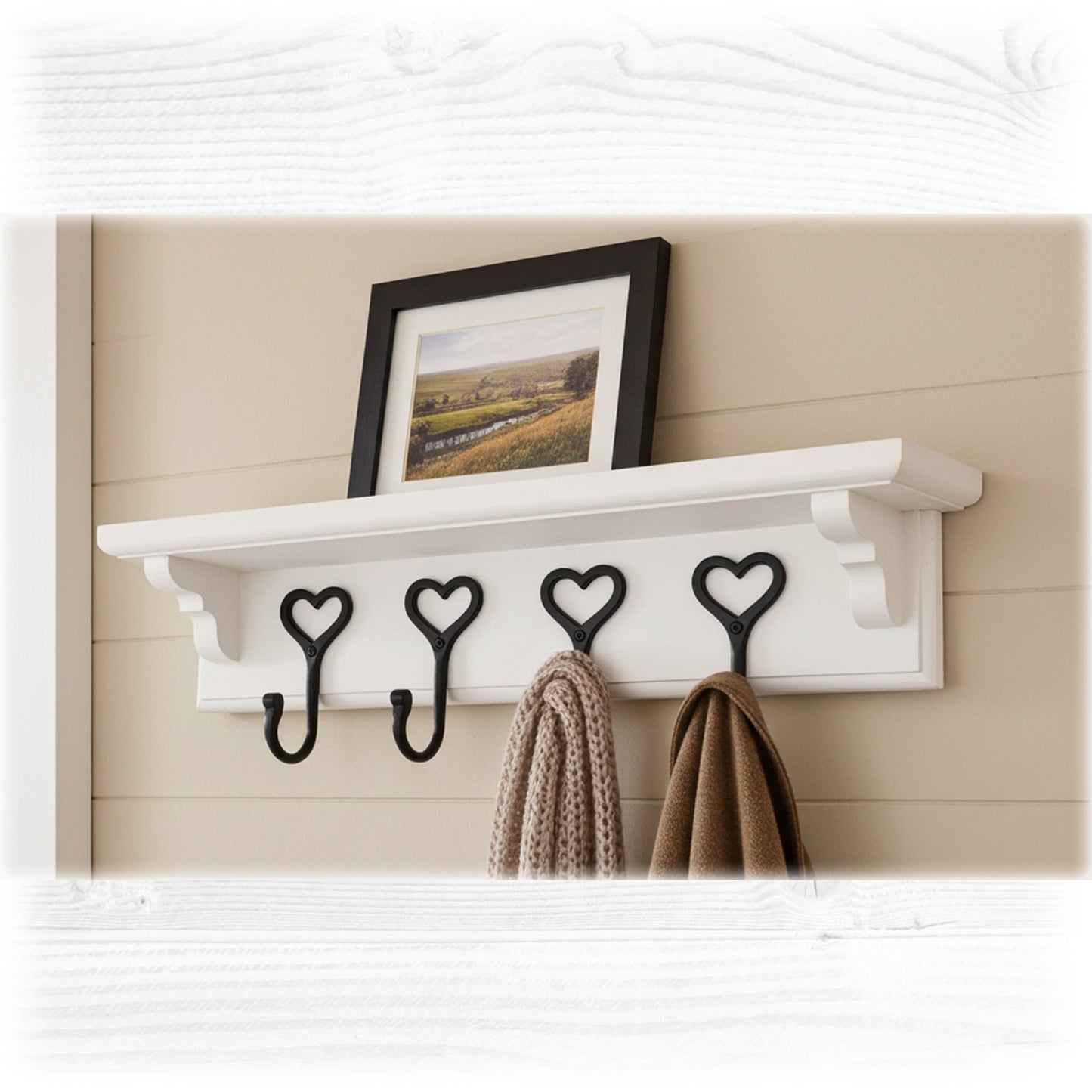 White Wooden Coat Rack with Shelf and Cast Iron Heart Hooks – Hidden Fixings | Made to Order