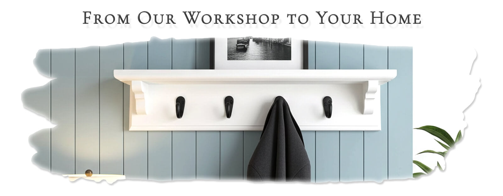 White wall-mounted coat rack with hooks against a light blue wooden panel background.