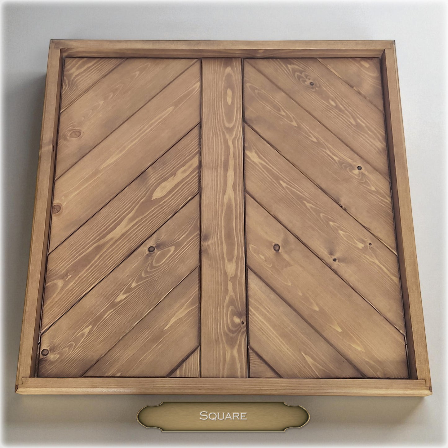 Wooden tray with a 'Square' label on a white background