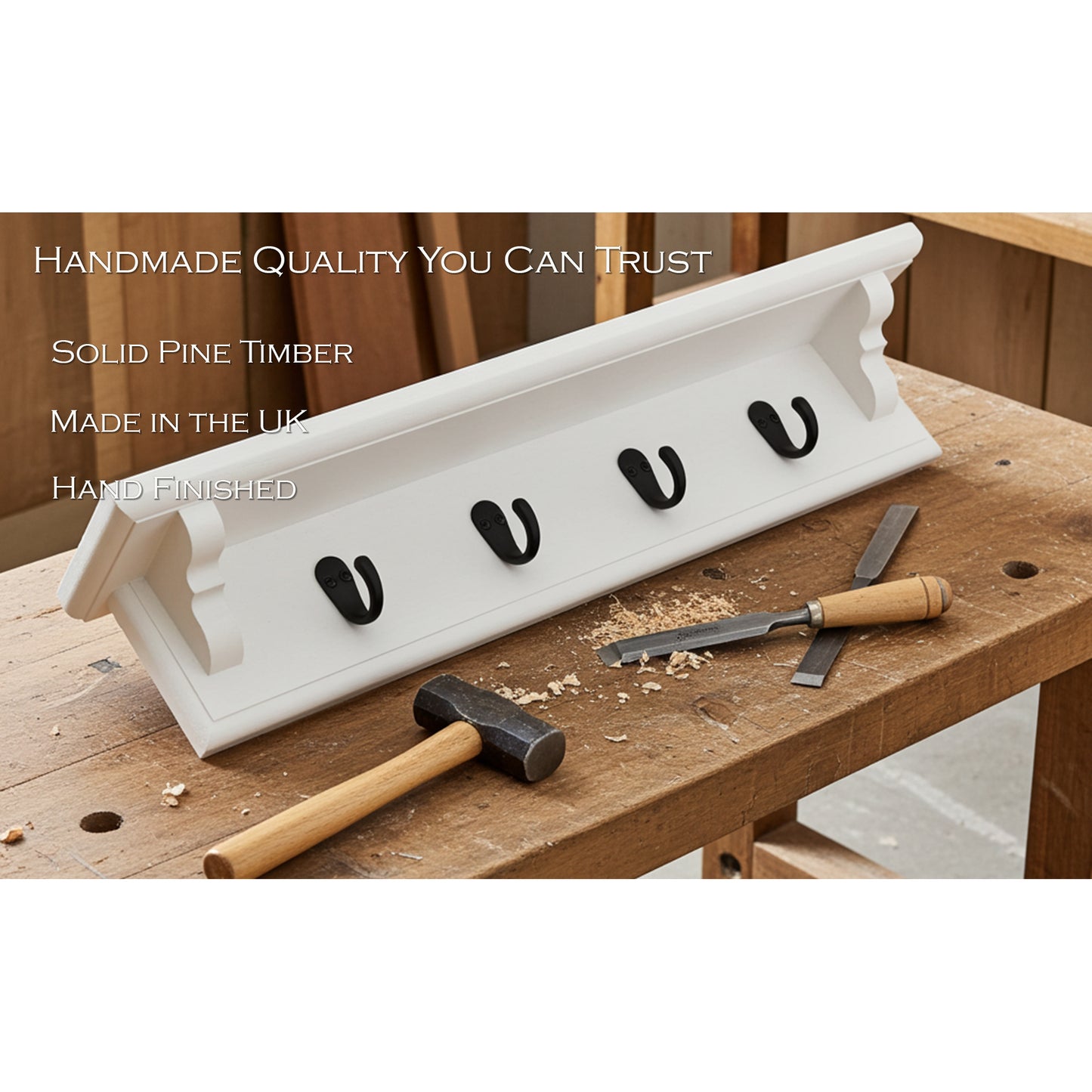 White Wooden Coat Rack with Shelf – Handmade Wall Rack with Hidden Fixings | Made to Order