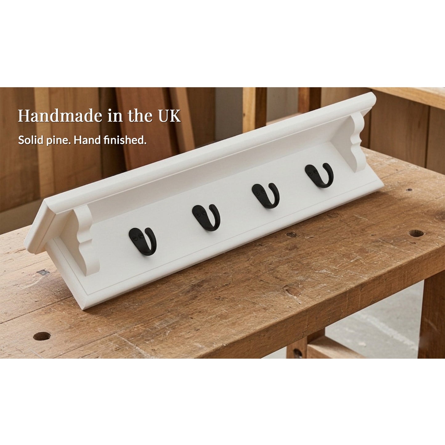 White Wooden Coat Rack with Shelf – Handmade Wall Rack with Hidden Fixings | Made to Order