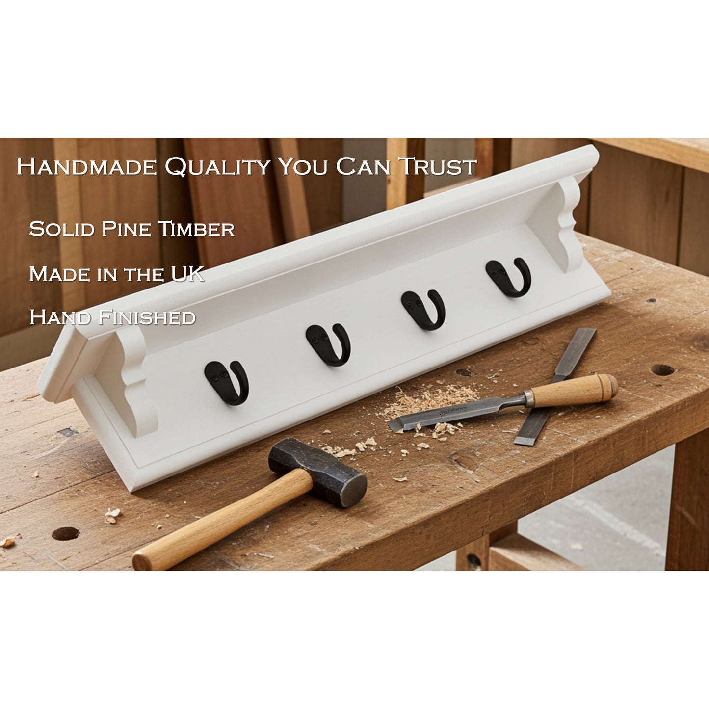 White Wooden Coat Rack with Shelf and Cast Iron Heart Hooks – Hidden Fixings | Made to Order