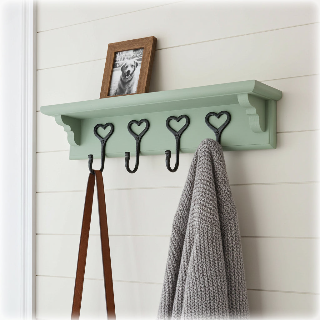 Sage Green Wooden Coat Rack with Shelf – Choice of Hooks | Made to Order