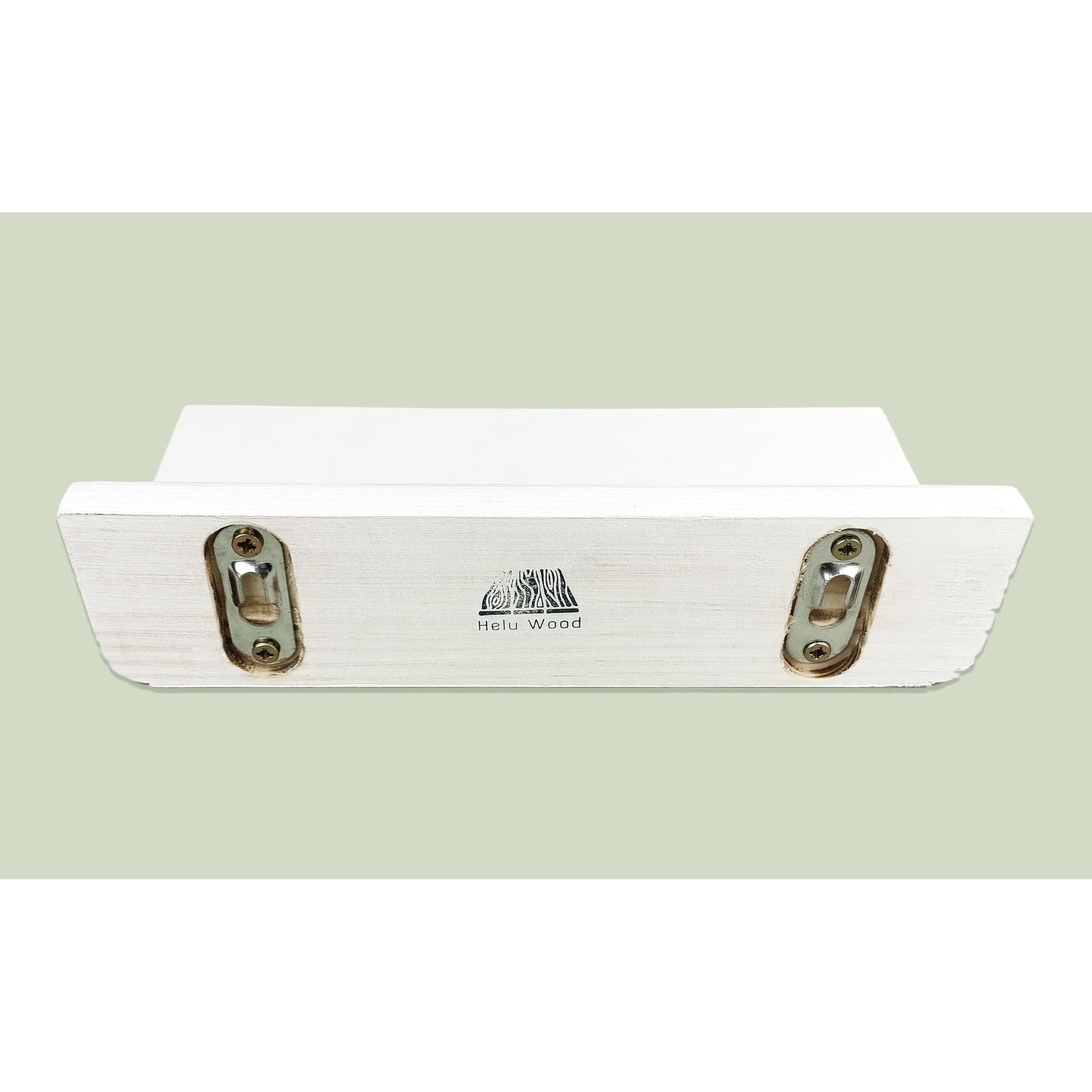 Wooden shelf with recessed metal fixings on a light green background
