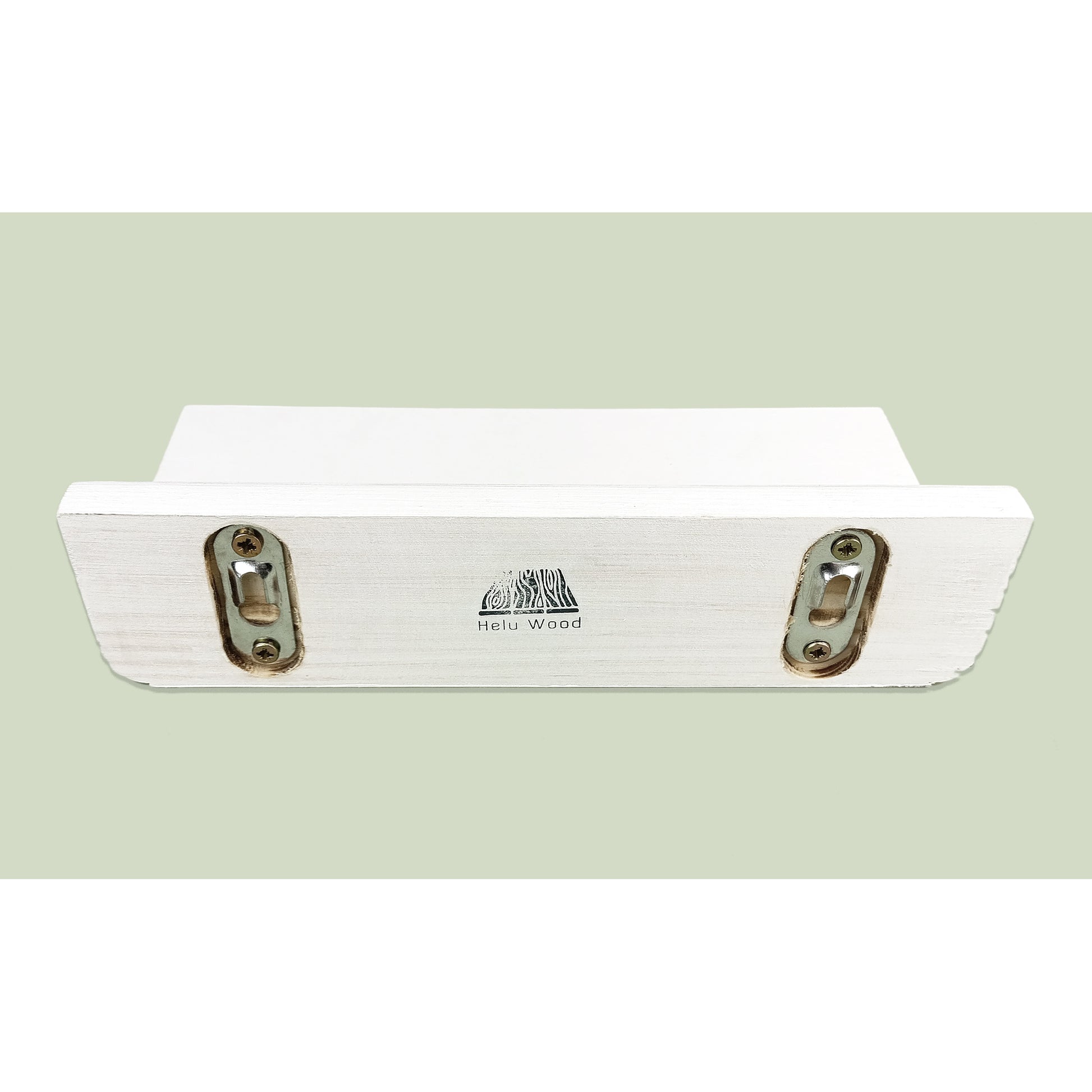 Wooden shelf with recessed metal fixings on a light green background