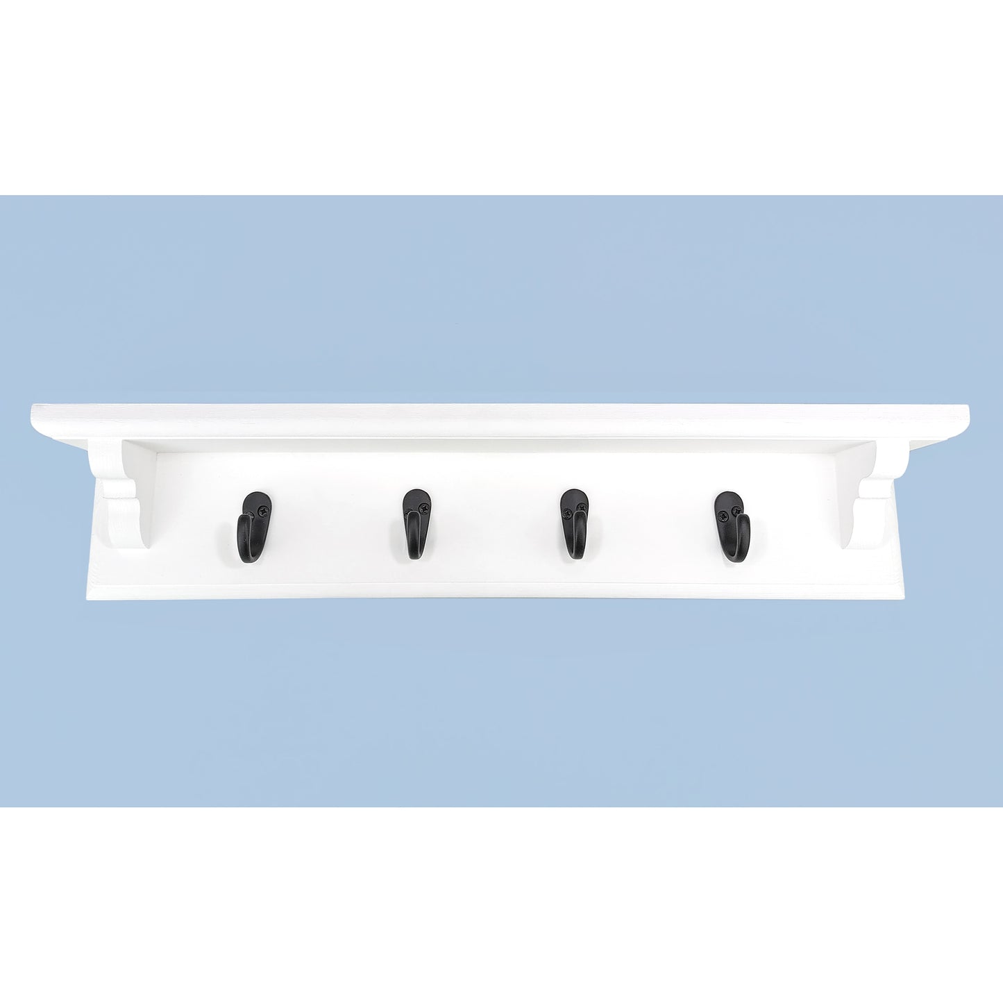 A coat rack with shelf and single metal hooks on a blue background