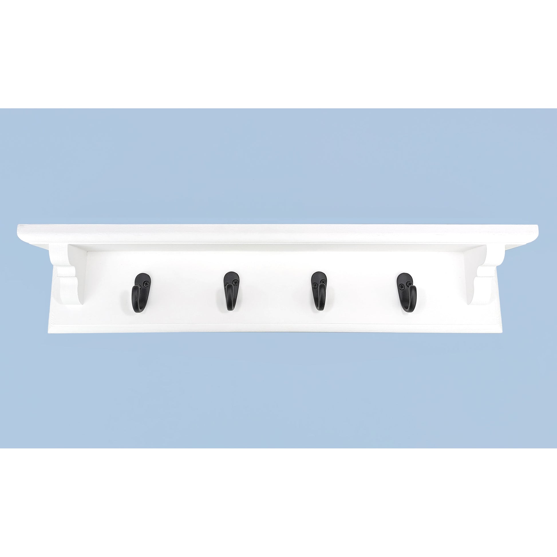 A coat rack with shelf and single metal hooks on a blue background