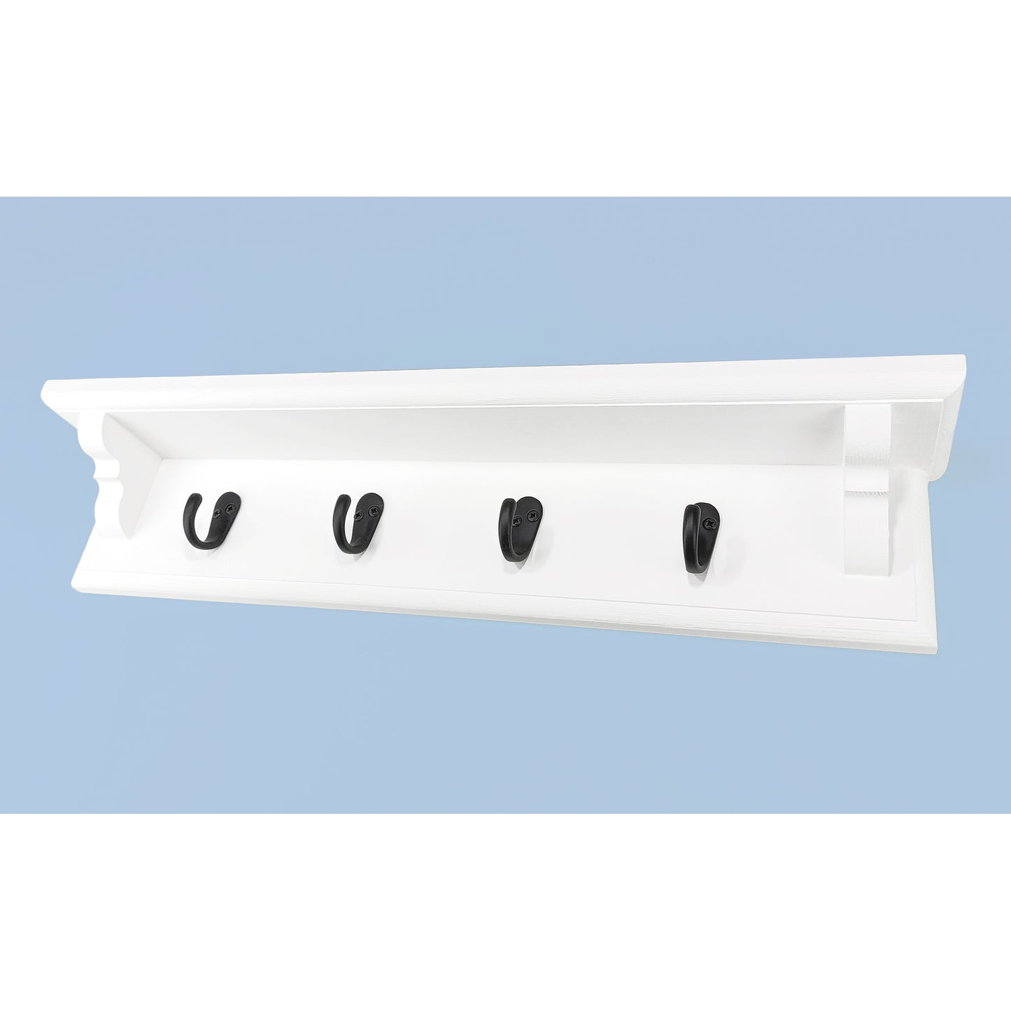 A coat rack with shelf and single metal hooks on a blue background