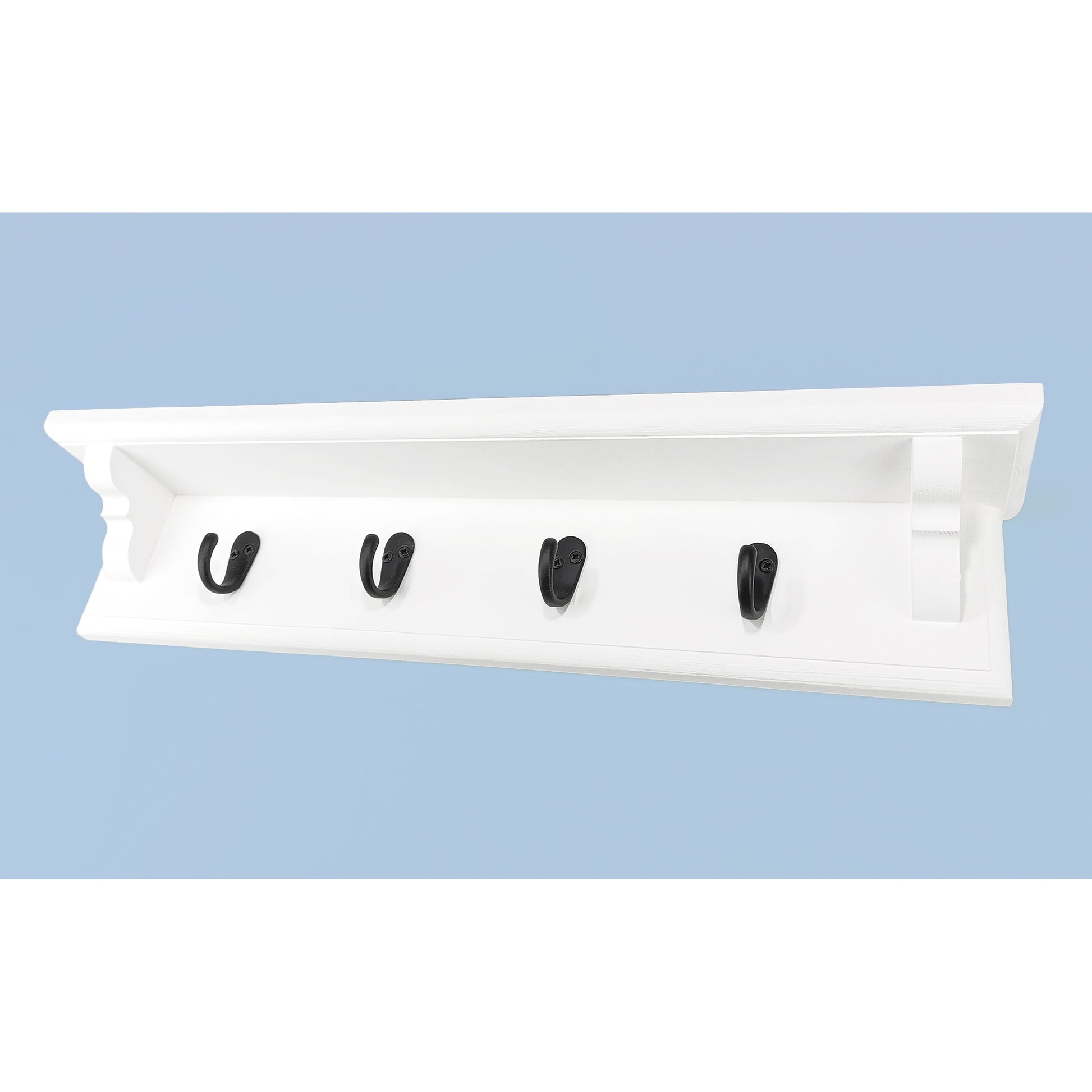 A coat rack with shelf and single metal hooks on a blue background