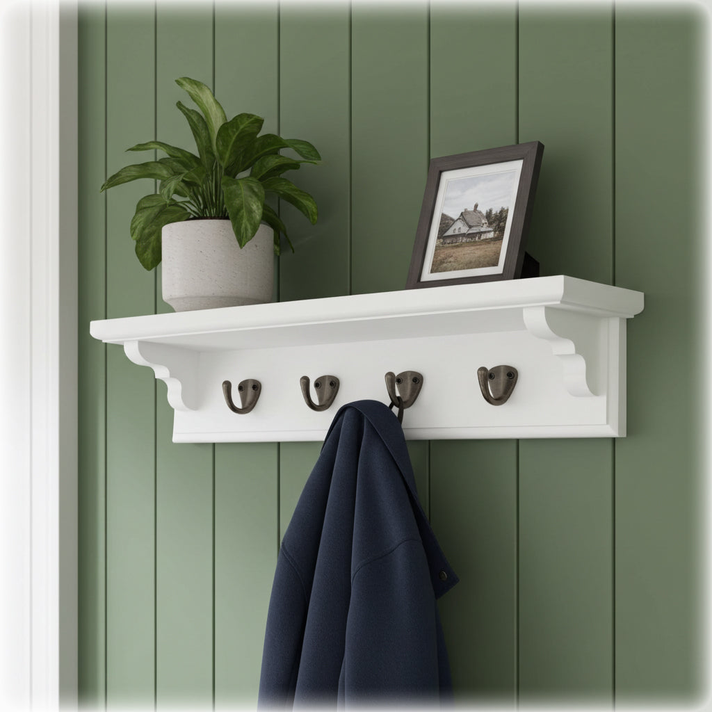 White shelf with hooks against a green paneled wall, featuring a plant and framed picture.