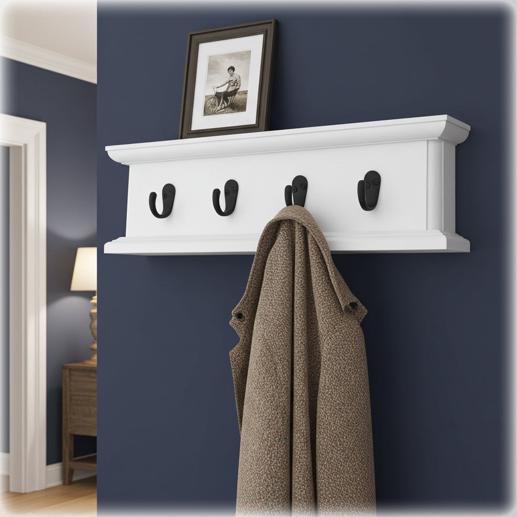 White wall-mounted coat rack with hooks against a blue wall, featuring a brown coat.