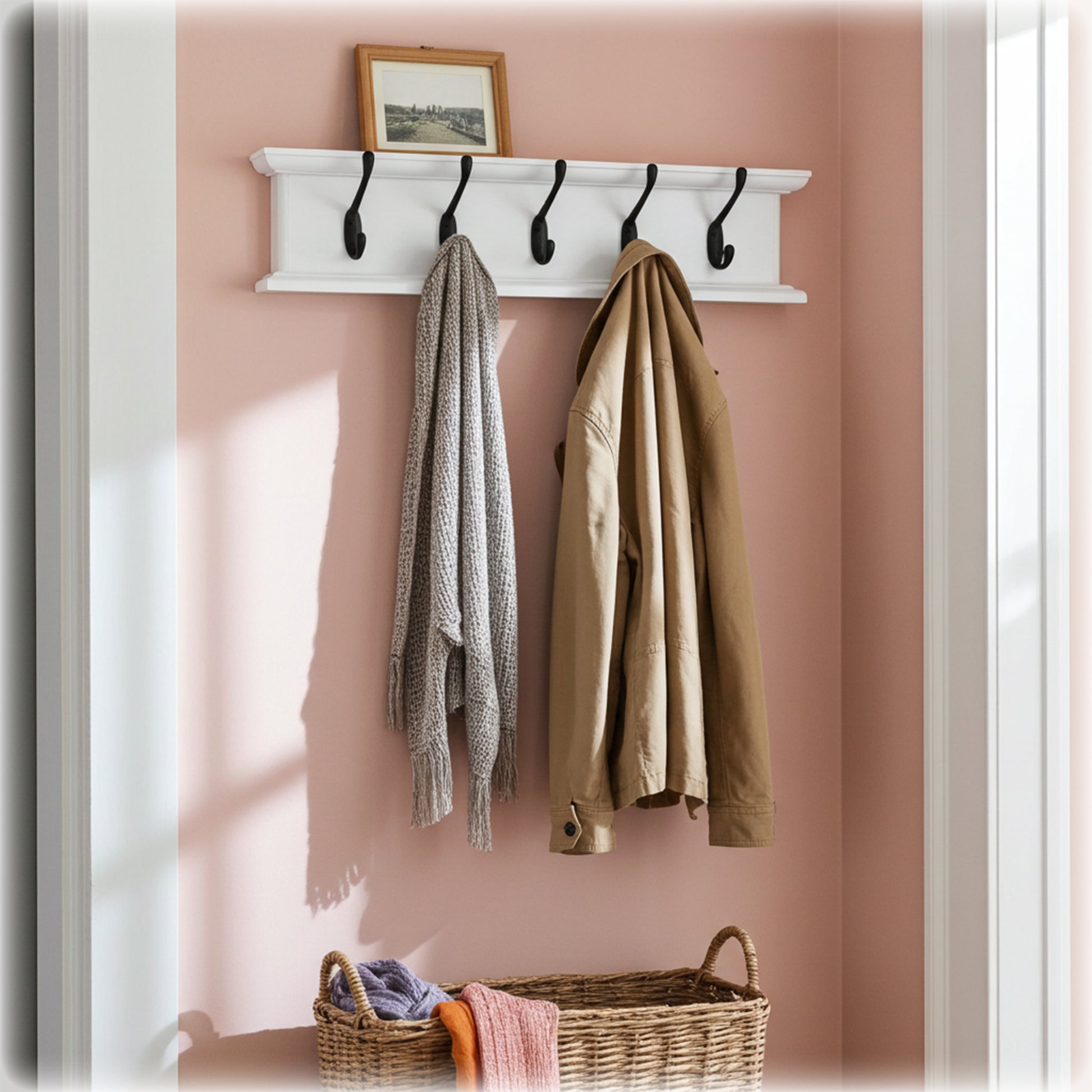 White wall-mounted coat rack with hooks holding two coats against a pink wall.