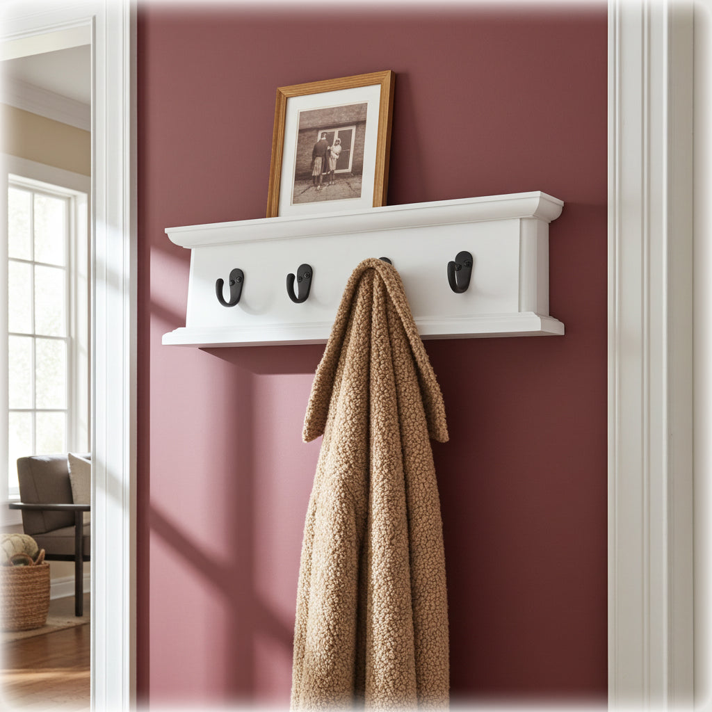 White wall shelf with hooks and a framed picture on a red wall.