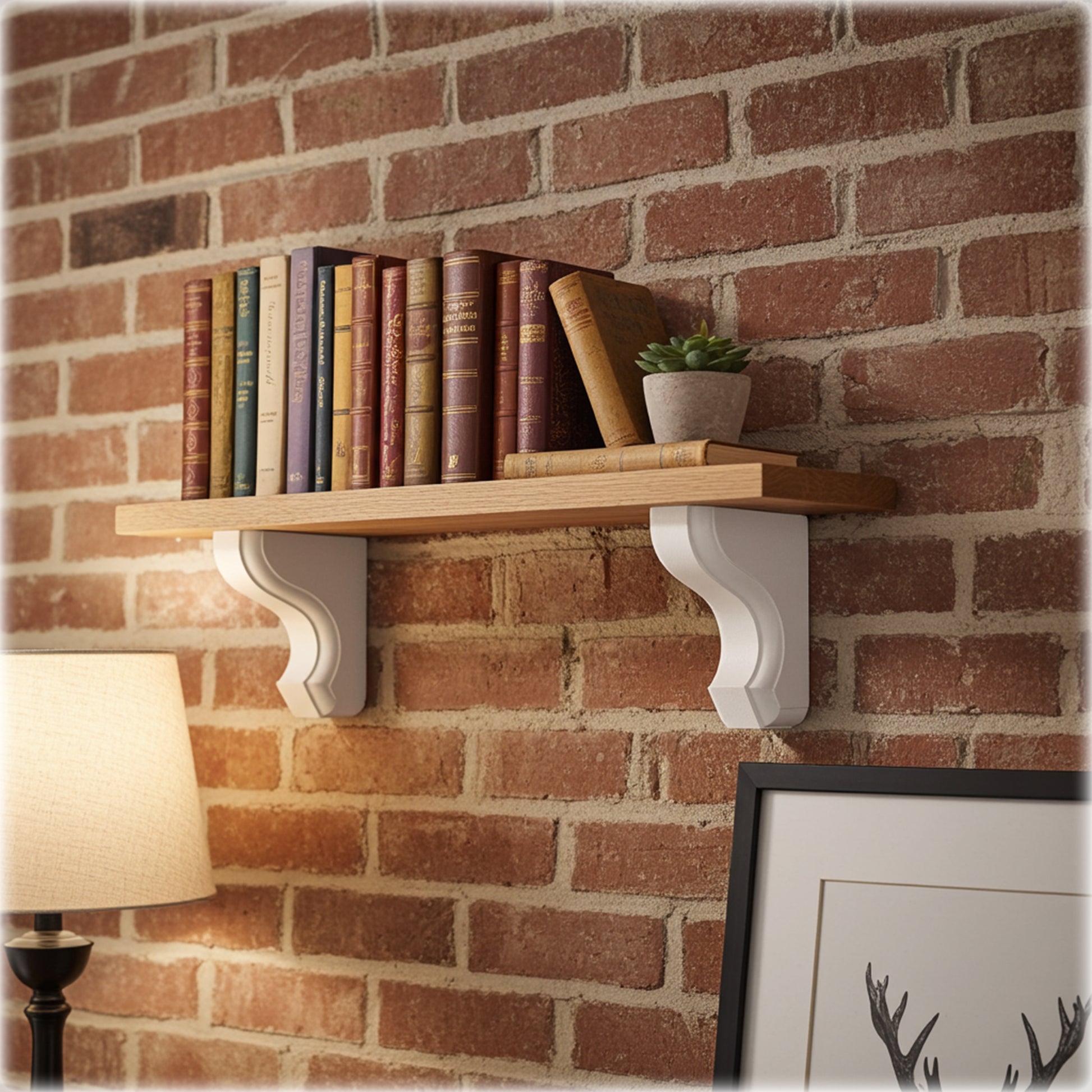 Wooden shelf with books against a brick wall, lamp and picture frame on either side.