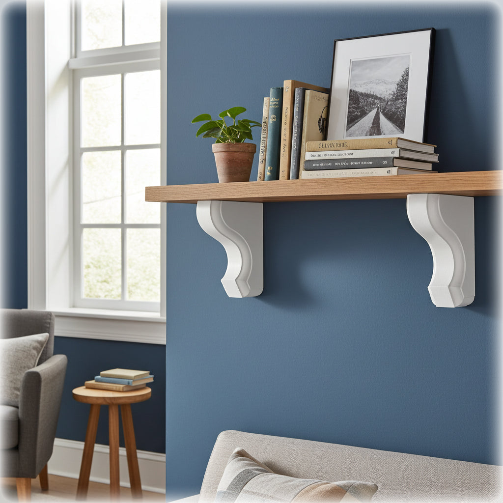 Wooden shelf with books and a plant against a blue wall in a living room setting.