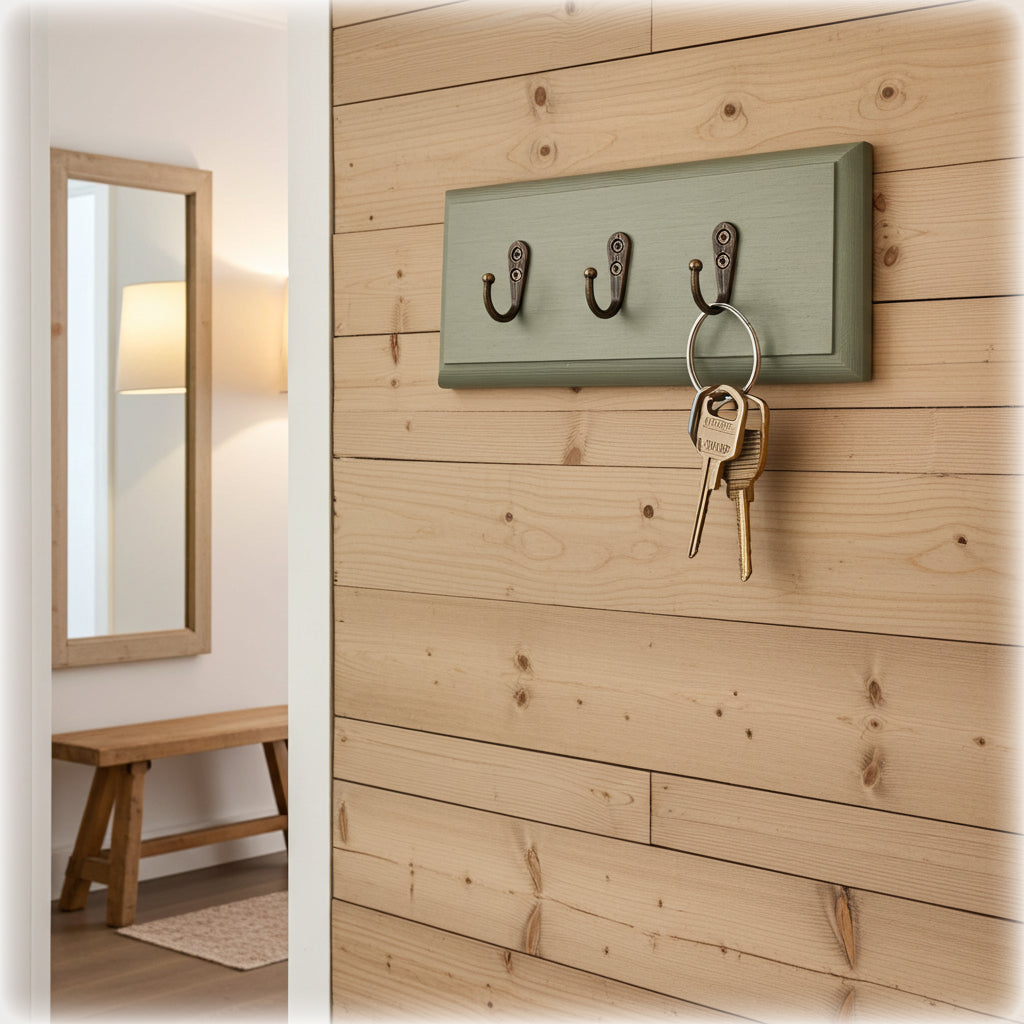 Green wall-mounted hook with keys on a wooden wall