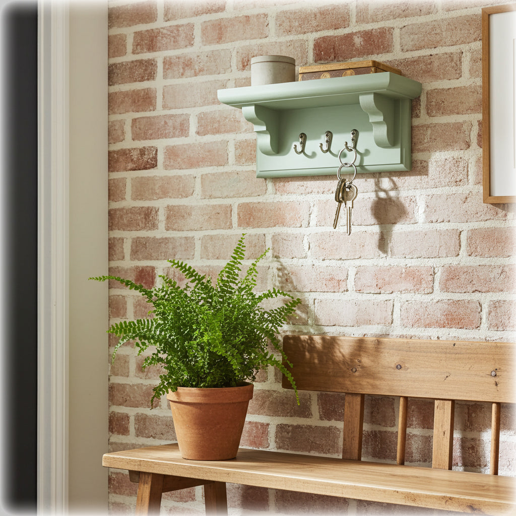 Green wall-mounted shelf with hooks against a brick wall, next to a wooden bench and potted plant.