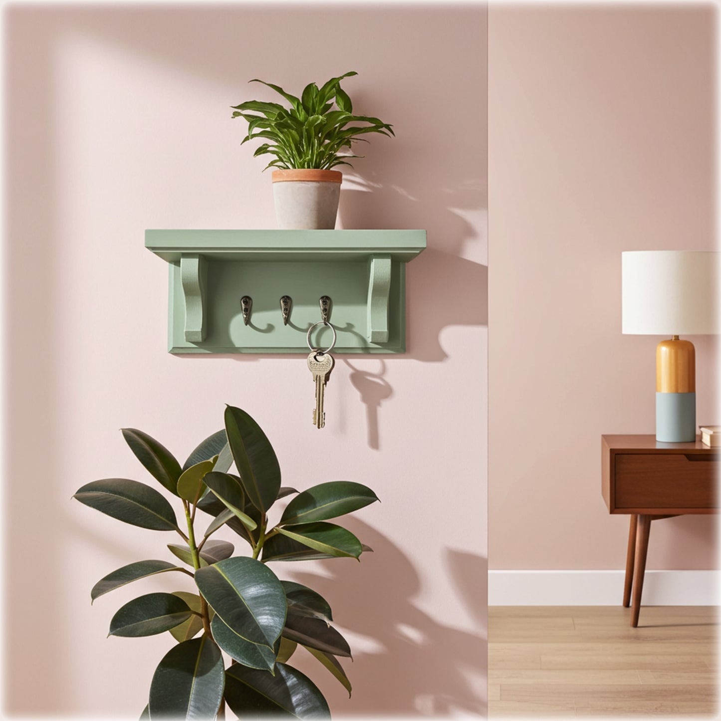 Green wall shelf with hooks, potted plant, and keys against a pink wall.