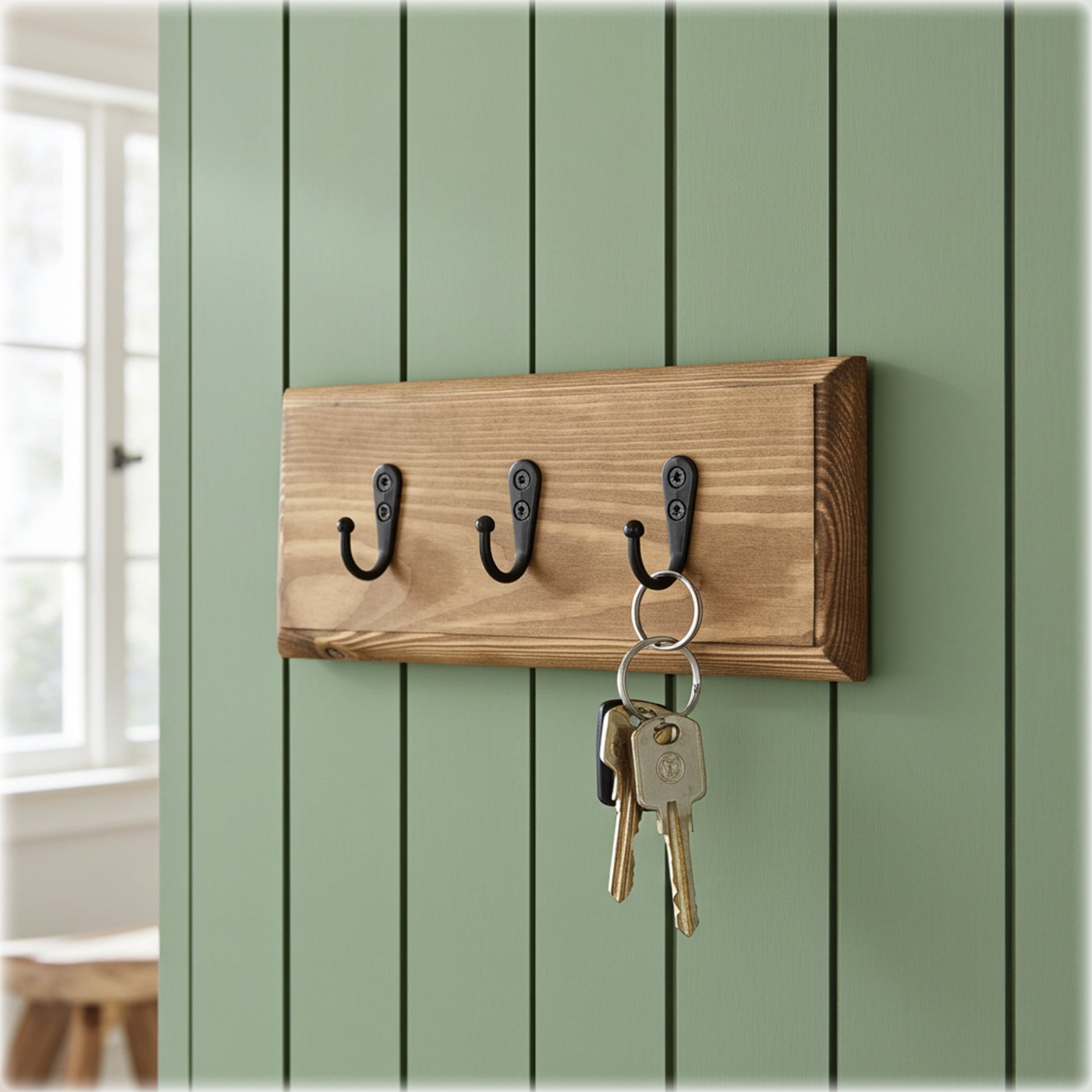 Wooden wall hook with keys on a green paneled wall