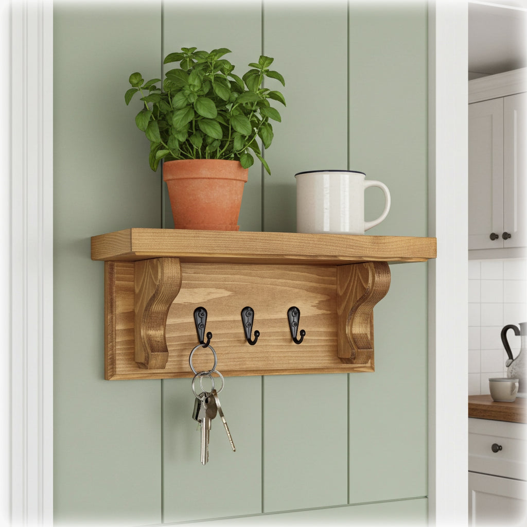 Wooden shelf with hooks, plant, and mug against a green wall.