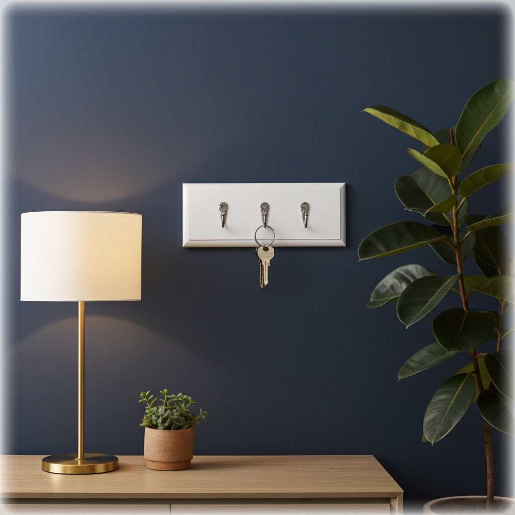 Key holder with keys on a wall next to a lamp and plant on a wooden surface.