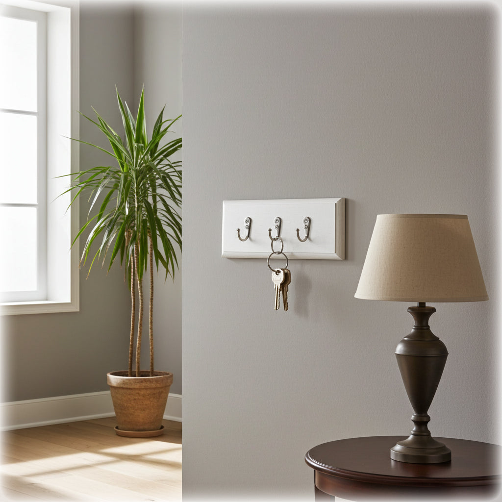 Room interior with a lamp, plant, and key holder on a wall.
