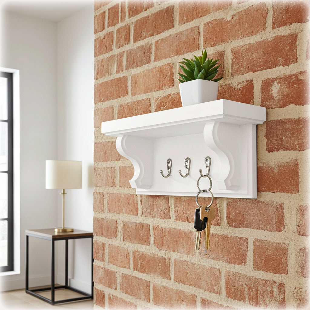 White decorative shelf with hooks against a brick wall