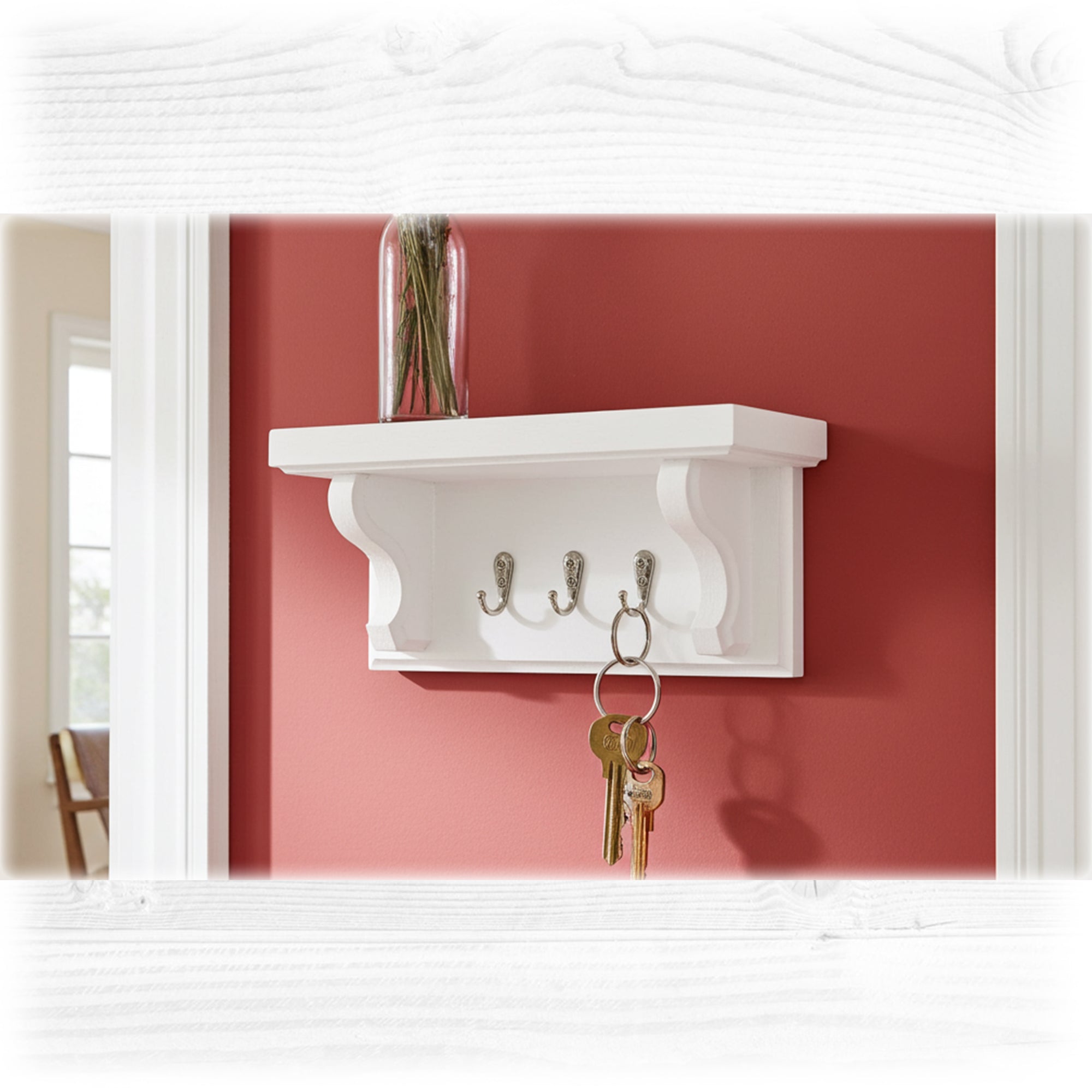 Floating Key Rack with Shelf – White Chalk Paint | Helu Wood