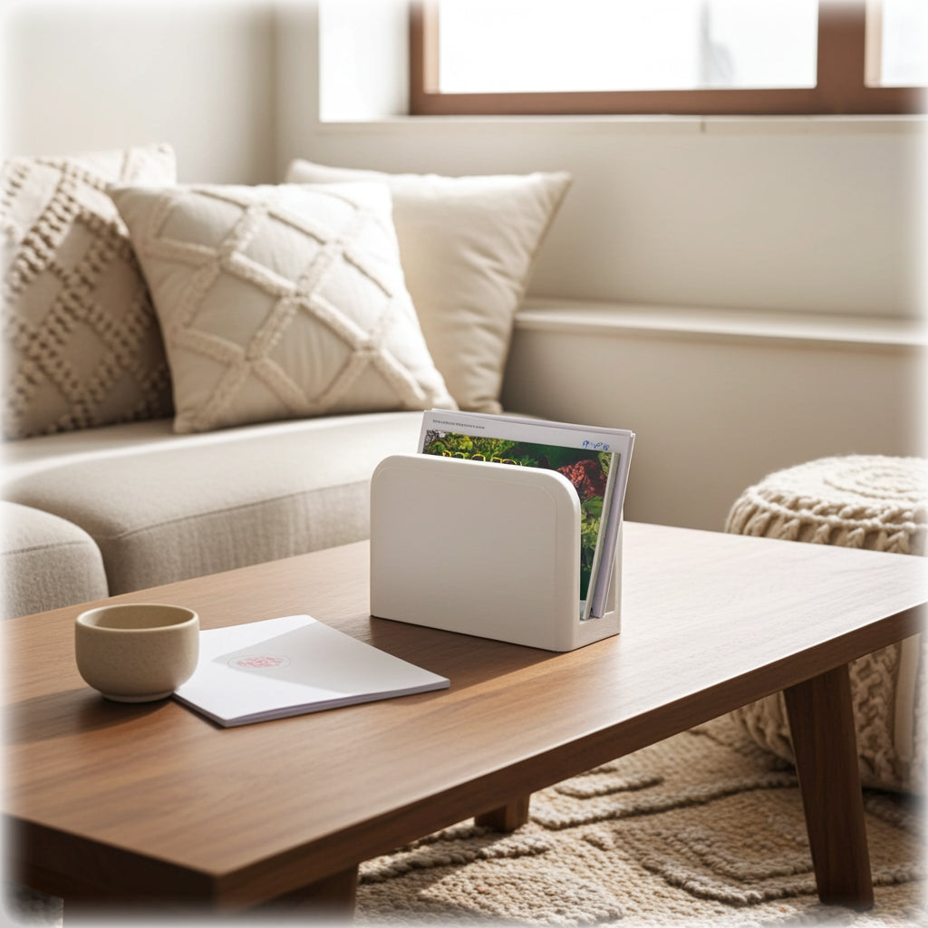 Modern living room with a wooden coffee table, sofa, and decorative items.