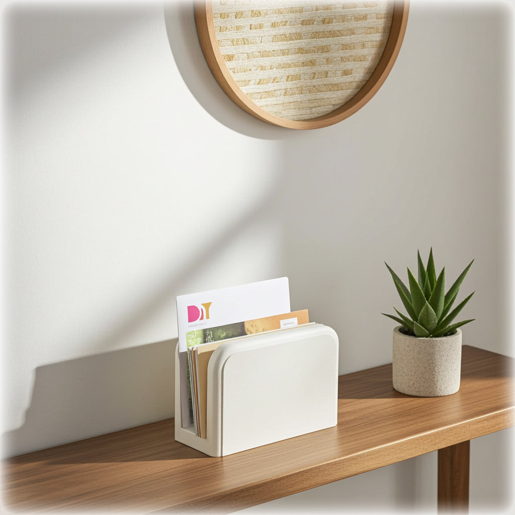 White magazine holder with magazines on a wooden shelf next to a potted plant.