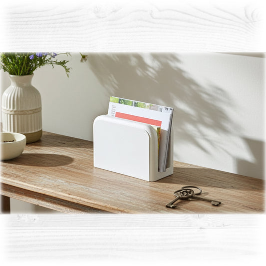 White magazine holder on a wooden surface with a vase and key in the background