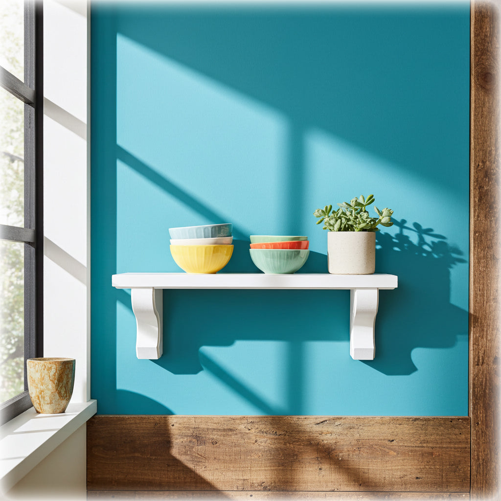 White shelf with bowls and a potted plant against a blue wall