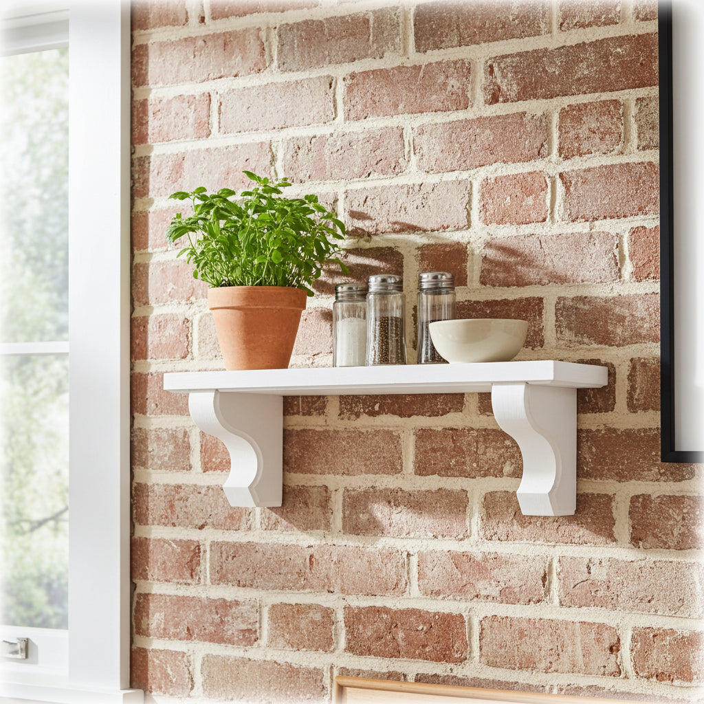 White shelf with a plant, bowls, and salt and pepper shakers against a brick wall.