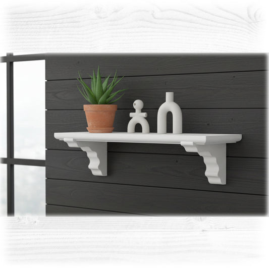 White shelf with a plant and decorative items against a dark wooden wall.