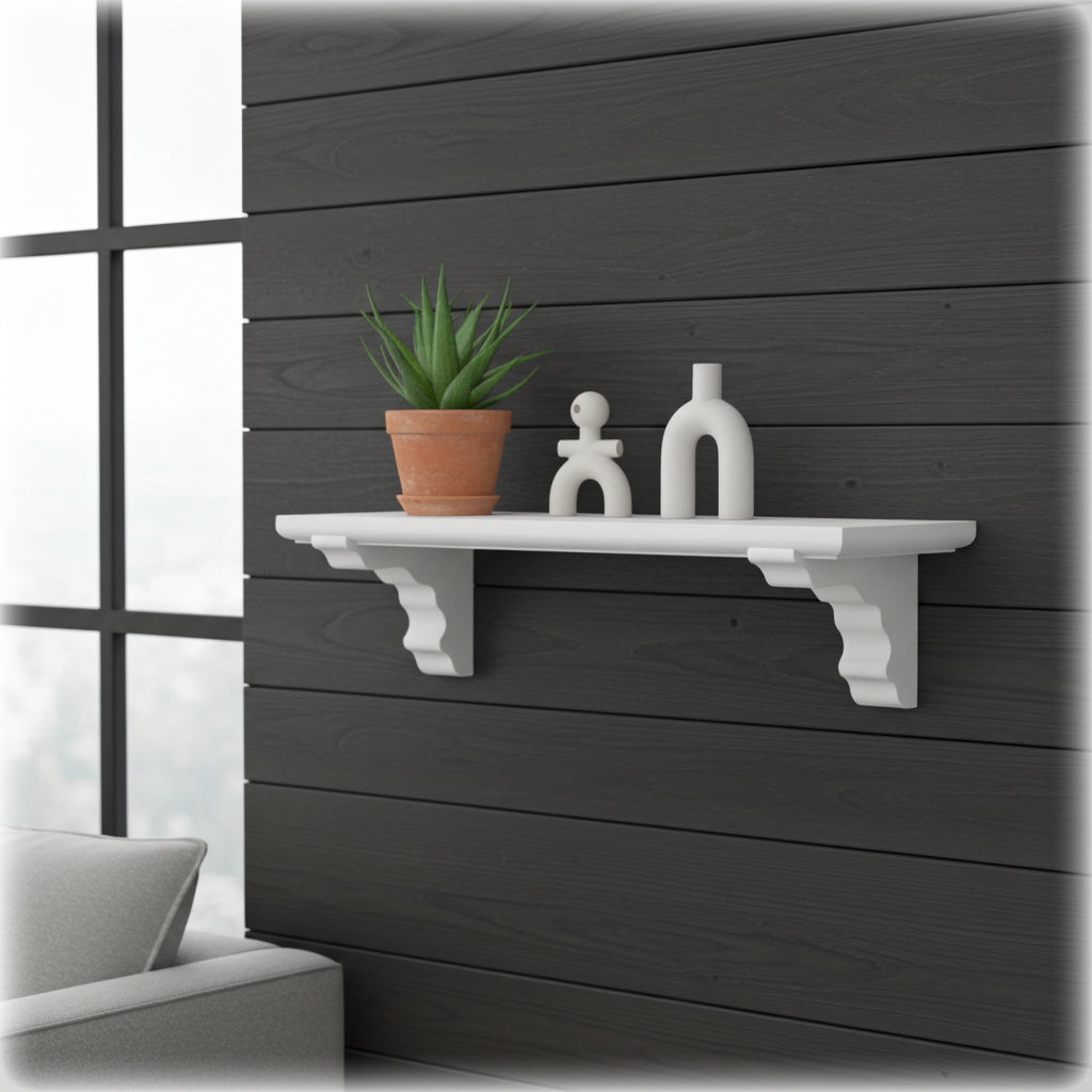 White wall shelf with decorative items against a dark wooden panel background