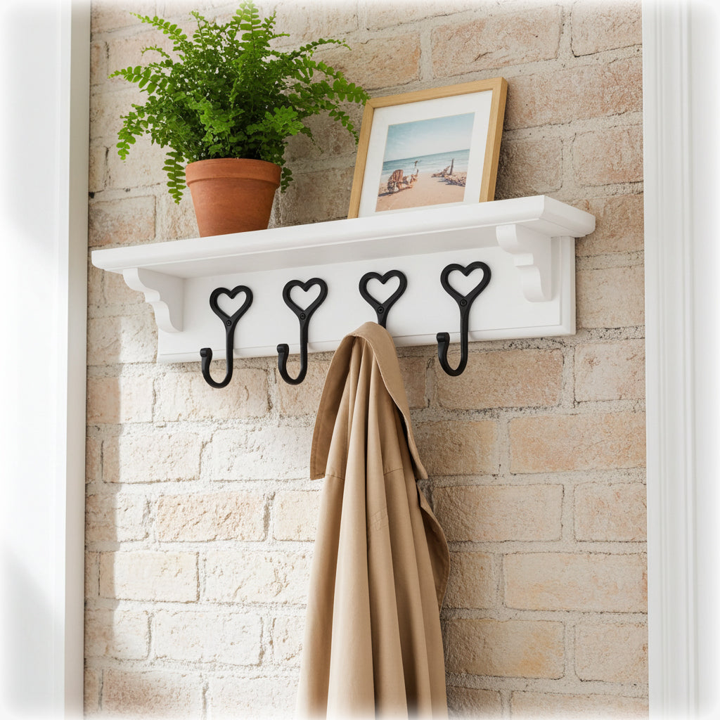 White wall shelf with heart-shaped hooks, a plant, and a photo frame on a stone wall.