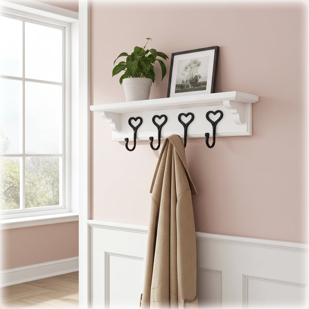 Wall-mounted shelf with heart-shaped hooks holding a coat and a plant in a room with a window.