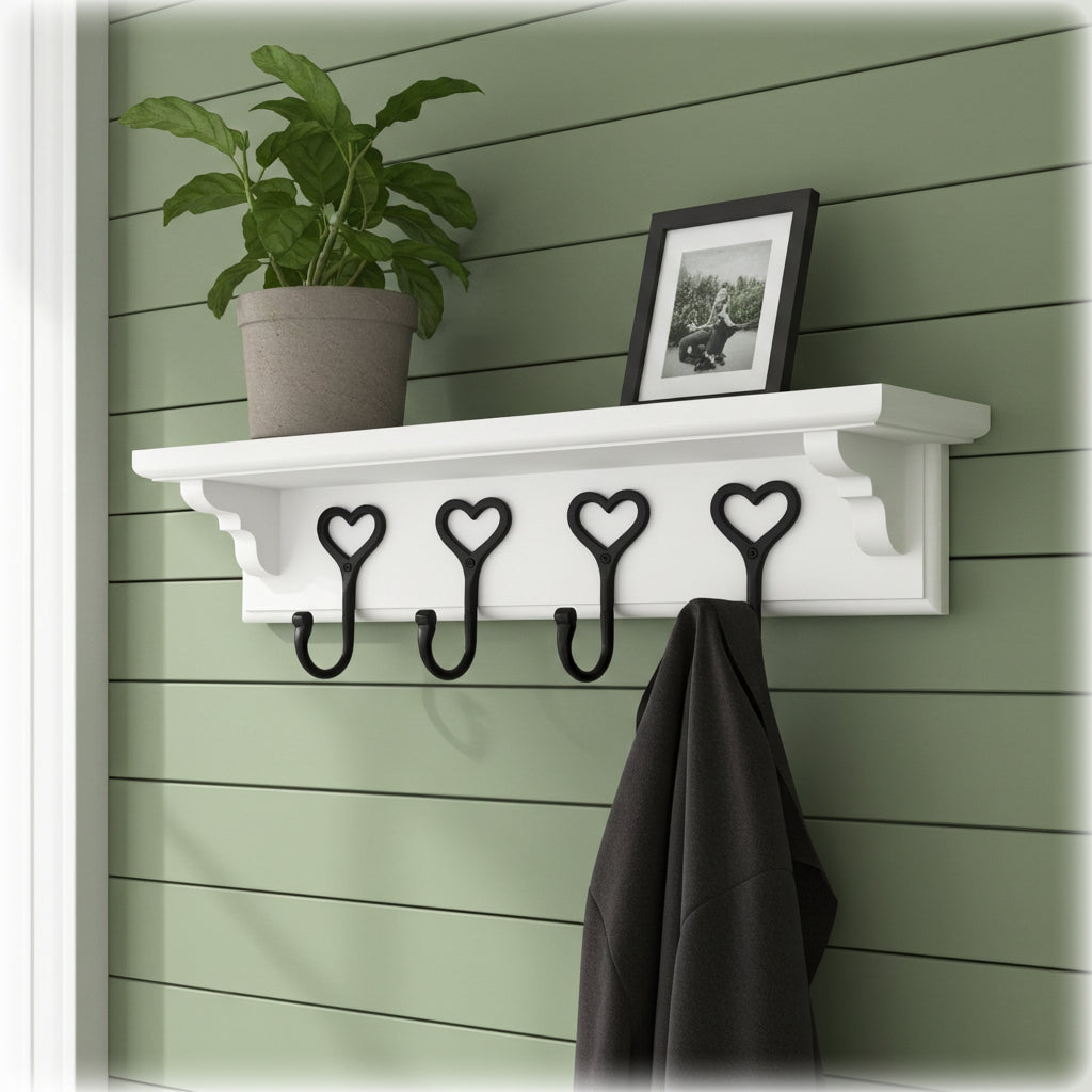 White wall shelf with heart-shaped hooks against a green wooden panel background