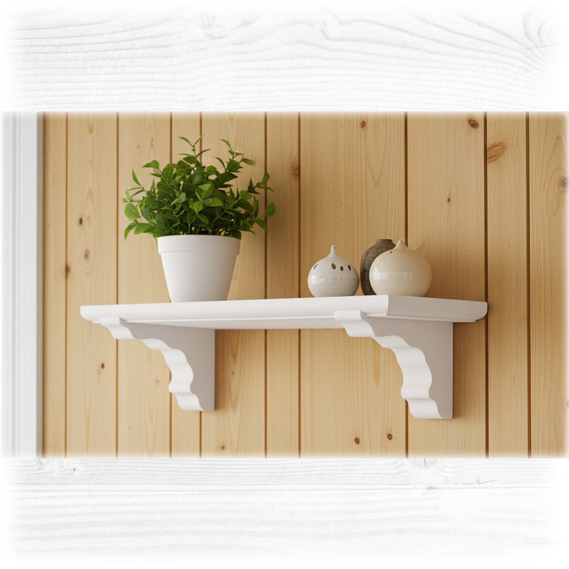 White wall shelf with a plant and decorative pots against a wooden panel background