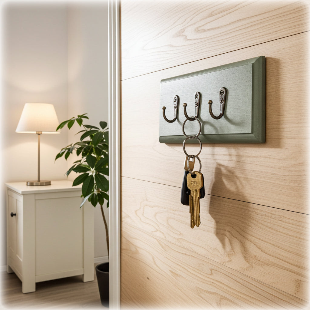 Key holder on a wooden wall with keys attached, next to a lamp and plant.