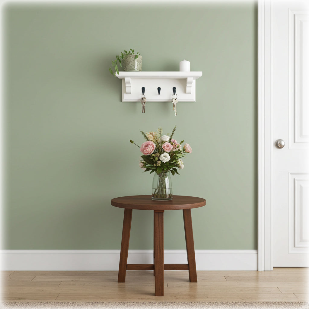 Round wooden table with a vase of flowers against a green wall with a shelf and hooks.