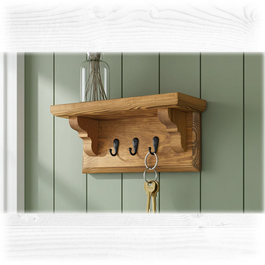 Wooden shelf with hooks against a green wall