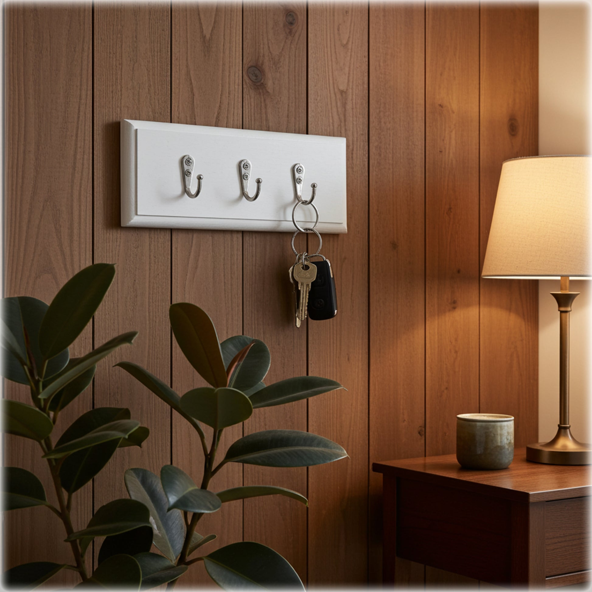 White wall hook with keys against a wooden wall, next to a plant and lamp.