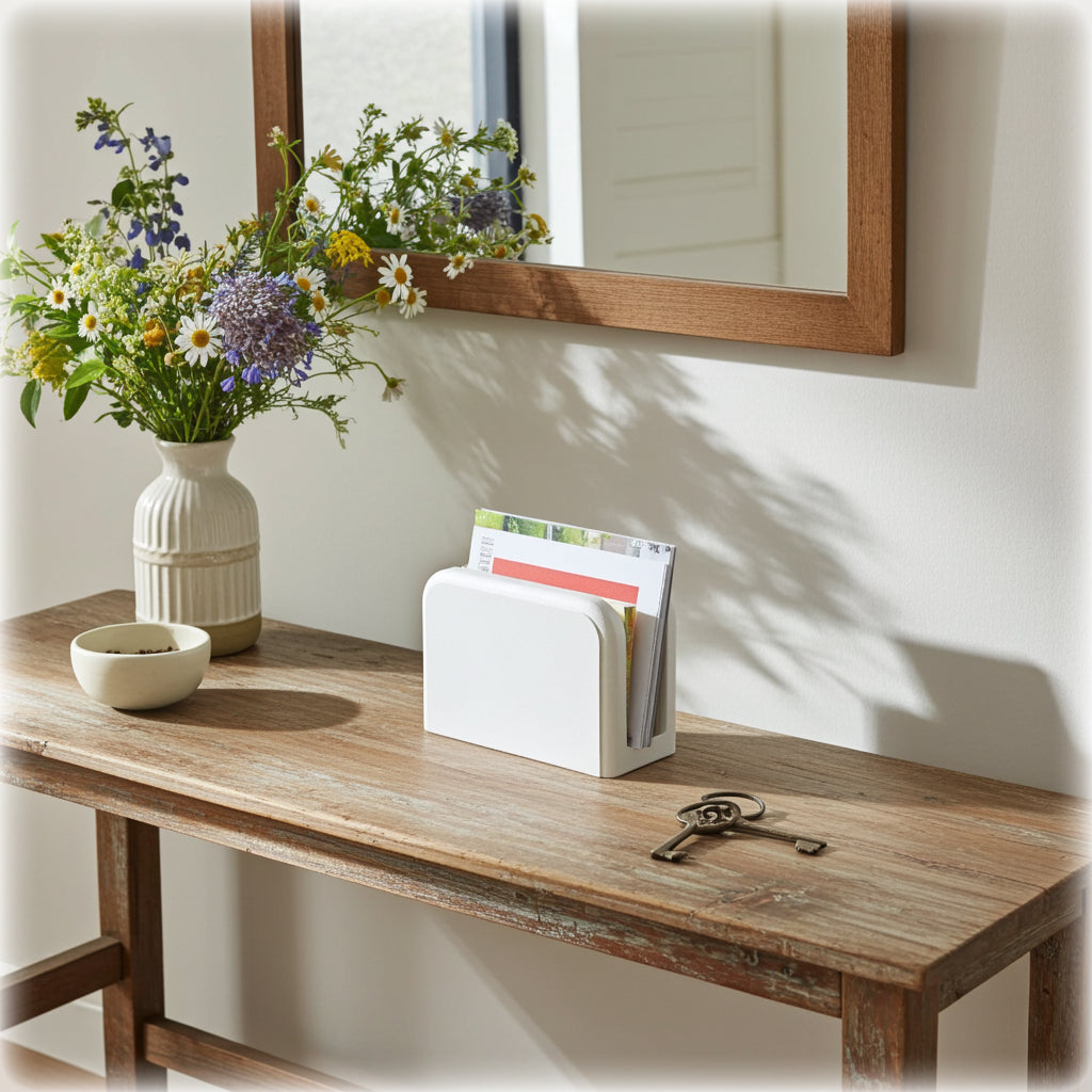 Wooden table with a vase of flowers, a key, and a magazine holder against a mirror.