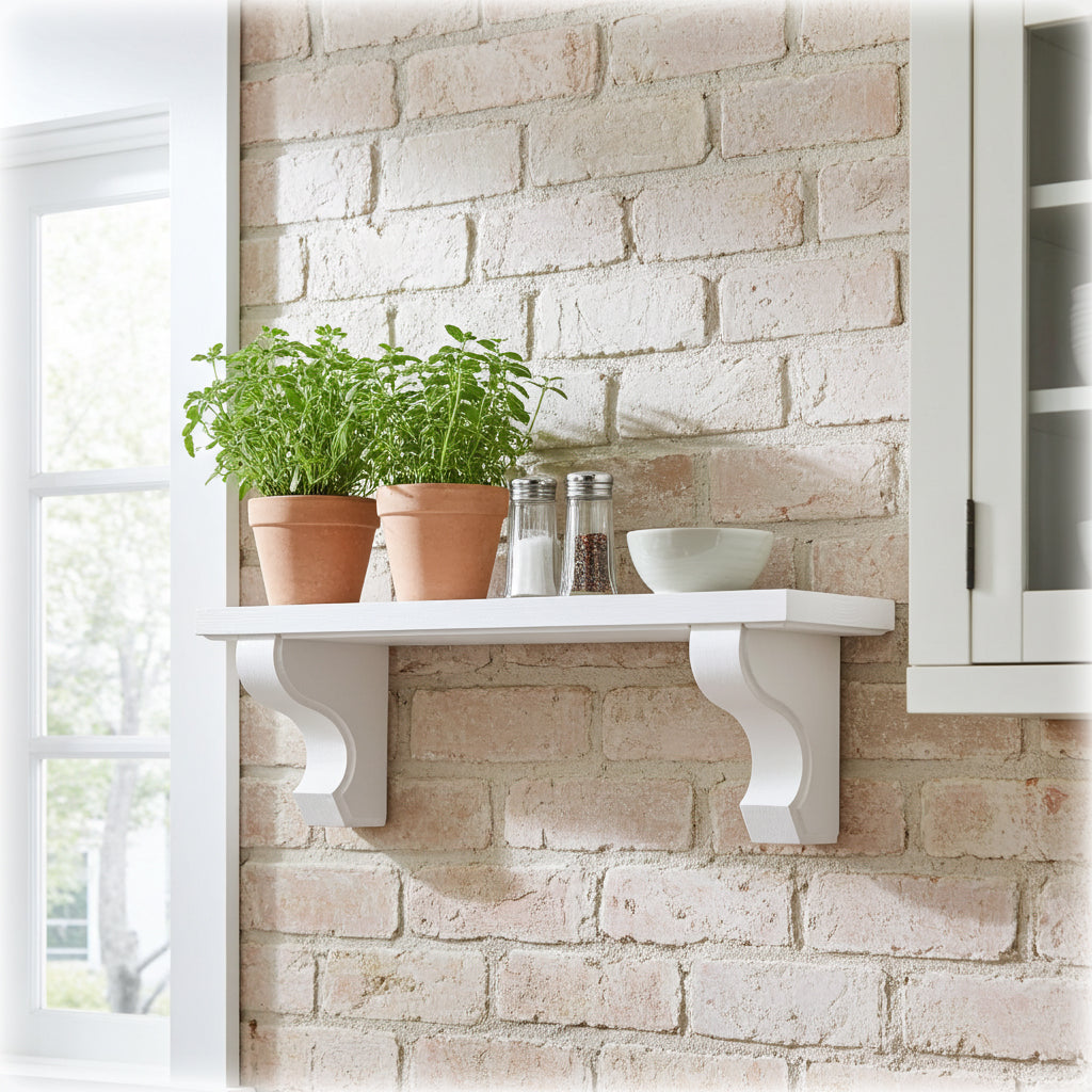 White shelf with potted plants against a brick wall