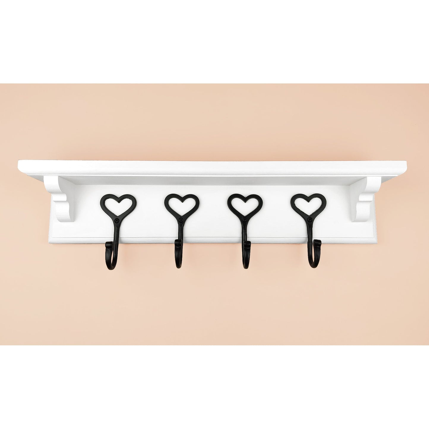 Coat Rack in White with Cast Iron Heart Hooks and Shelf with Hidden Fixings - Multiple Sizes - Made To Order